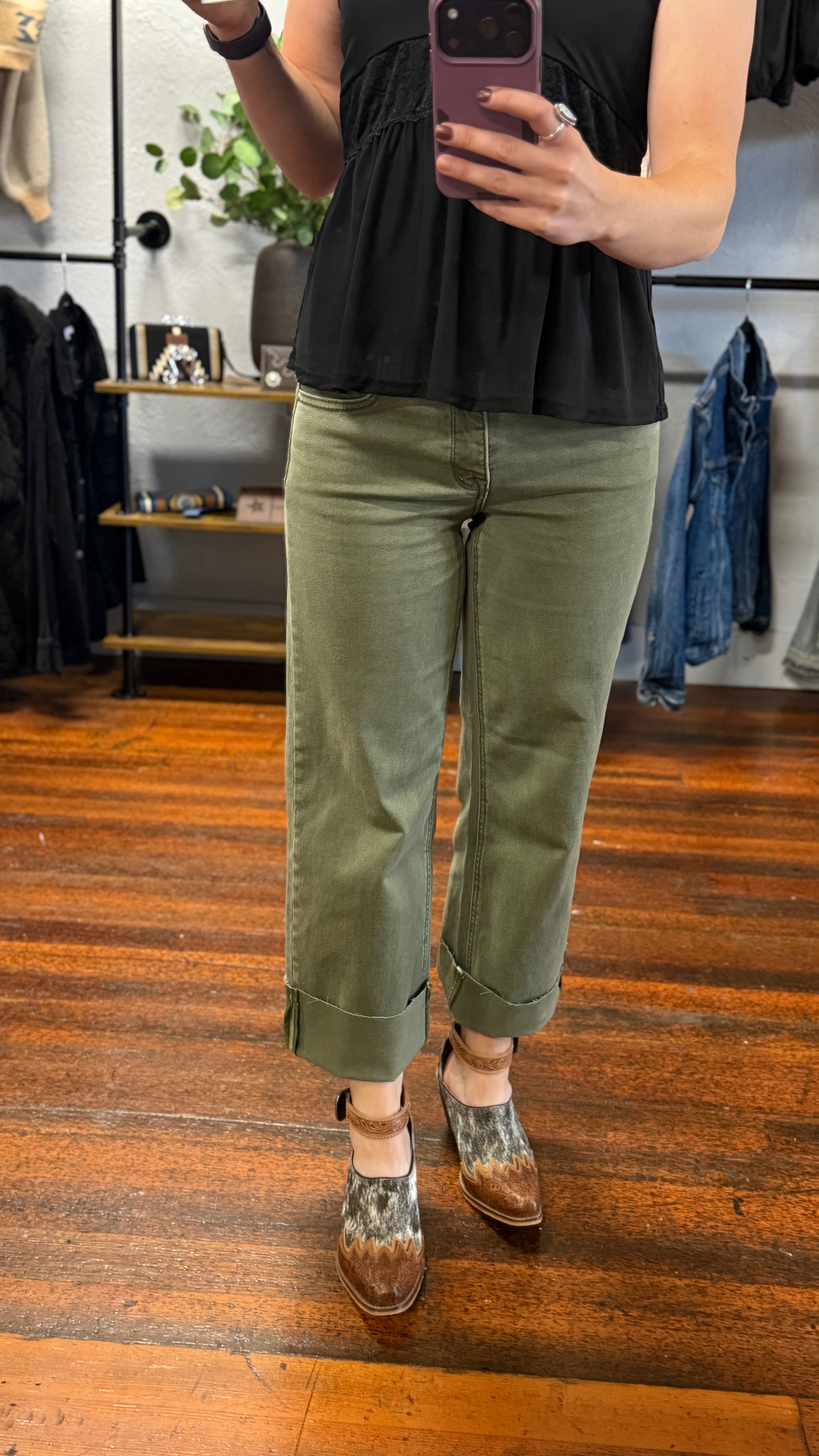 TC Mid Rise Ankle Raw Hem Olive Denim Pants ~ RISEN Brand ~