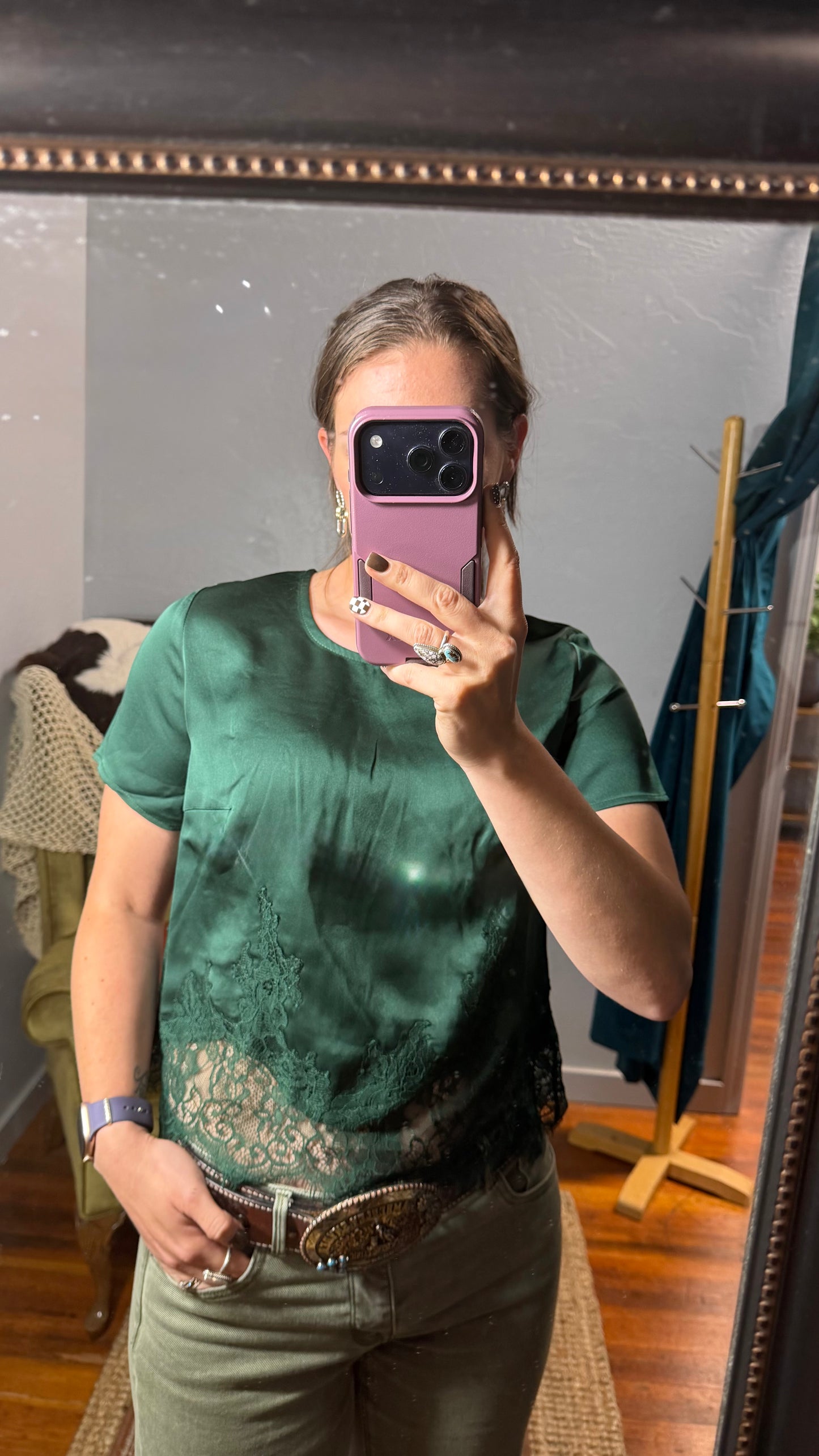 Hunter Green Scalloped Laced Blouse