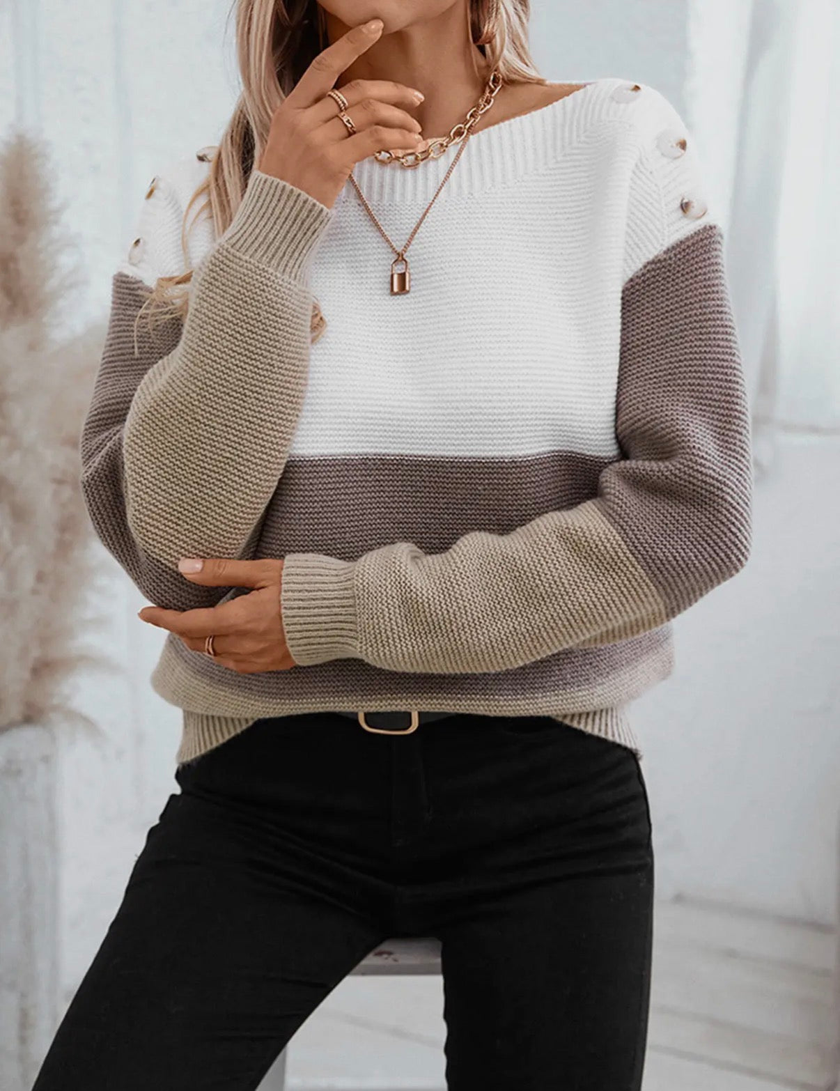 Loose Button Patchwork Contrasting Sweater