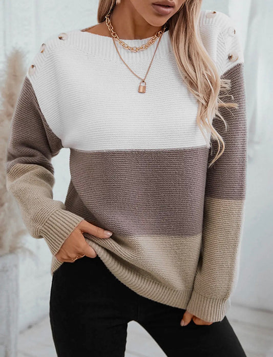 Loose Button Patchwork Contrasting Sweater