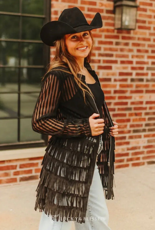 Mesh Tiered Suede Fringe Zip Up