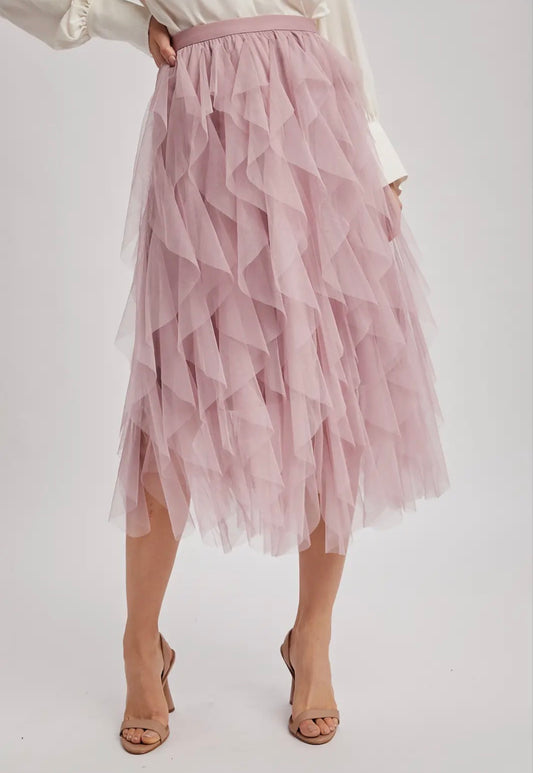 Spiral Ruffled Midi Skirt - ROSE