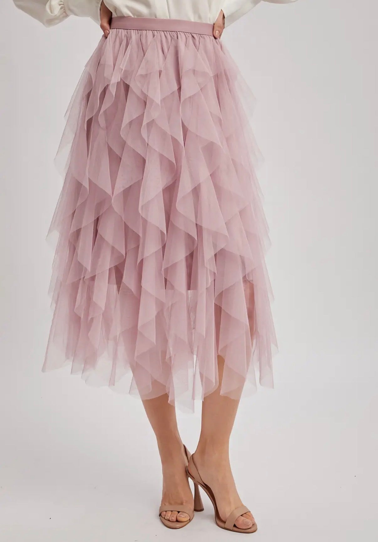 Spiral Ruffled Midi Skirt - ROSE