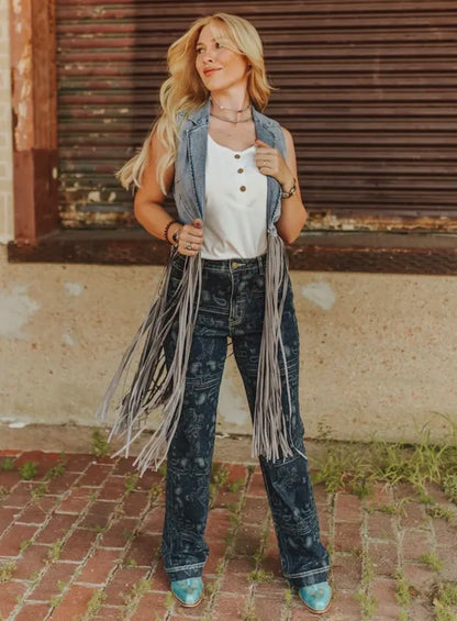 Stone Wash Denim Fringe Vest