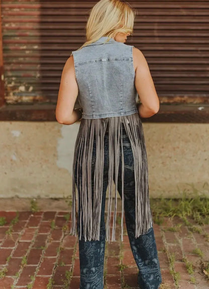 Stone Wash Denim Fringe Vest