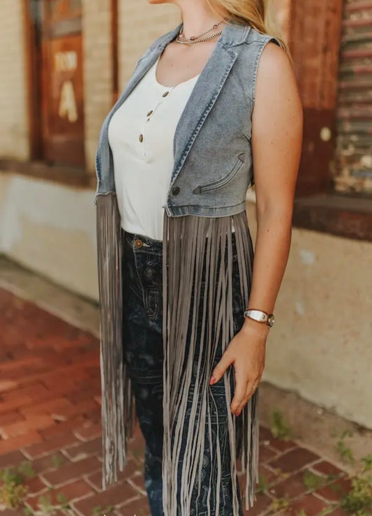 Stone Wash Denim Fringe Vest