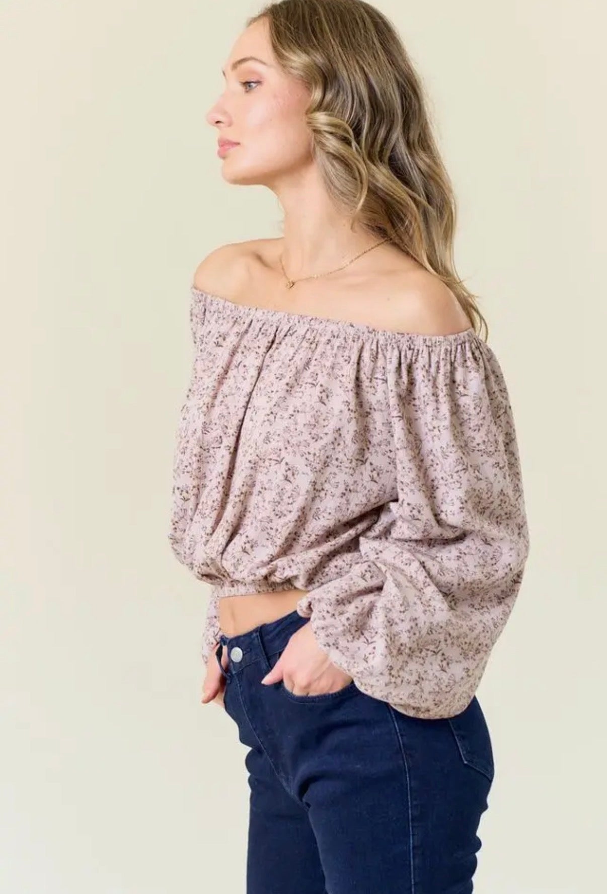 Taupe Balloon Sleeve Off The Shoulder Top