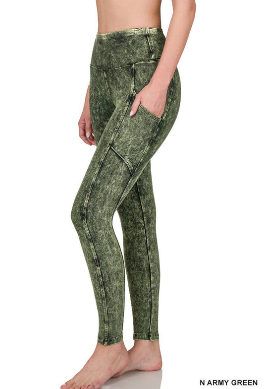Army Green Mineral Wash Legging with Pockets