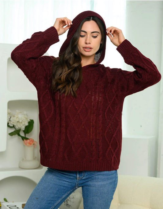 Burgundy Hooded Cable Knit Sweater