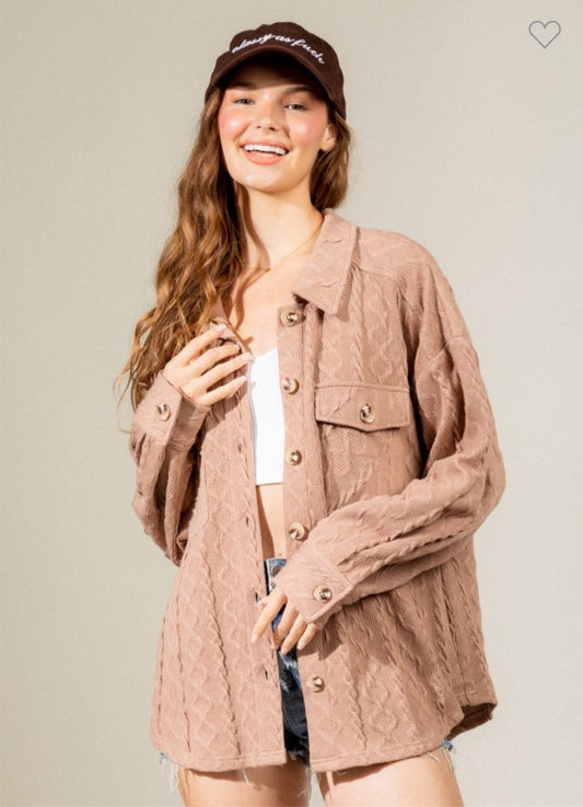 Latte Cable Knit Collard Shacket