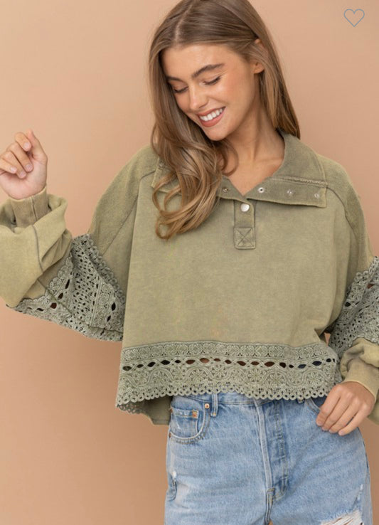 Vintage Washed Lace Edge Pullover
