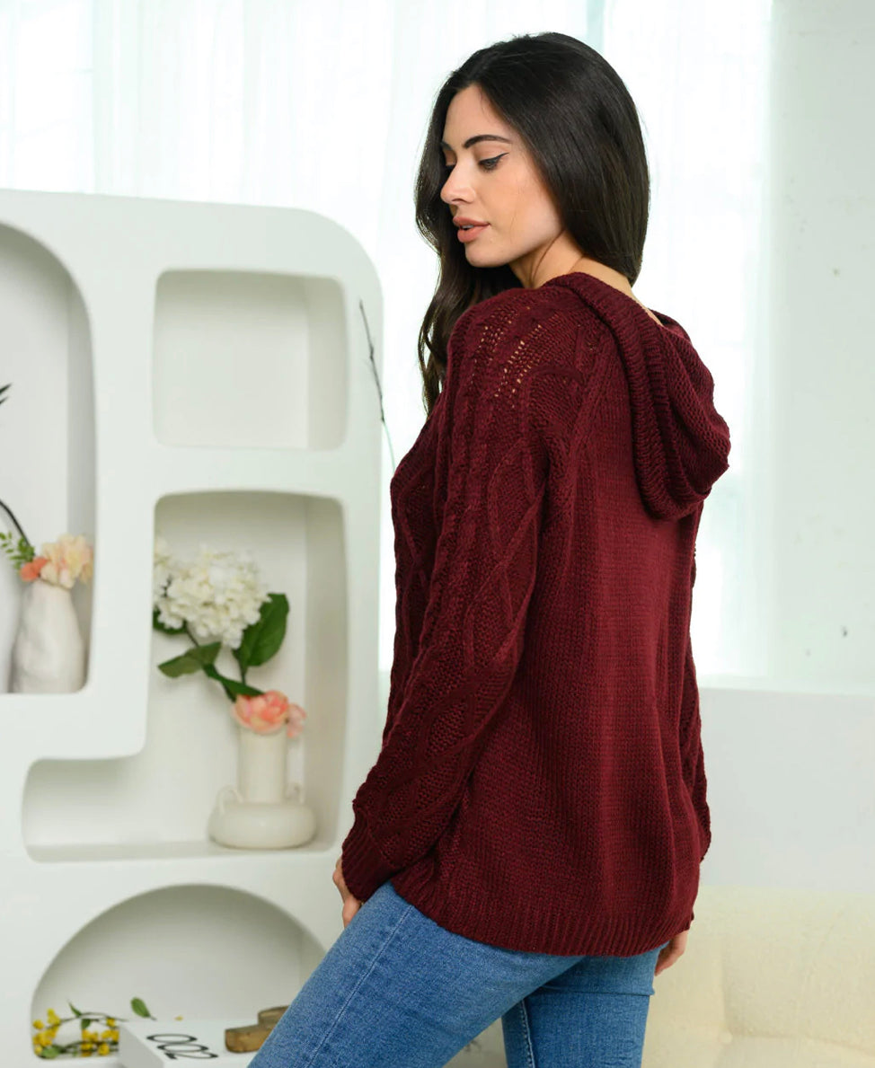 Burgundy Hooded Cable Knit Sweater